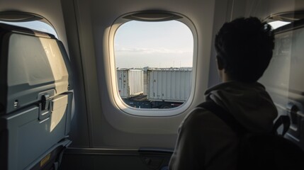 Traveling professional observing the activity of cargo trucks from inside the plane, surrounded by a tone of cleanliness and tranquility