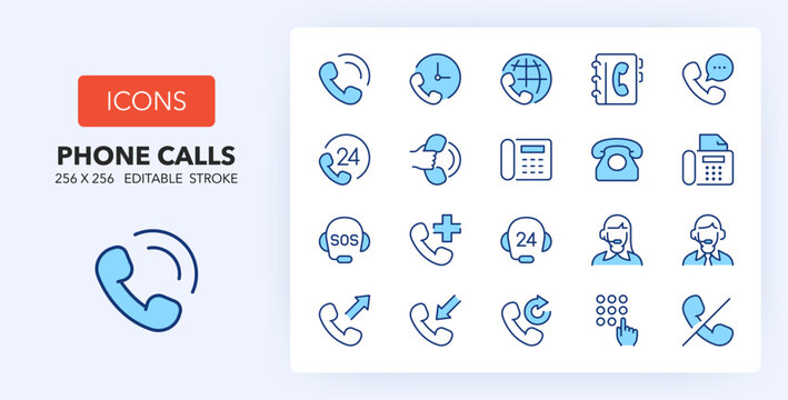 Line icons about phone and calls. Contains such icons as call center, emergency, 24h service and more. 256x256 Pixel Perfect editable in two colors