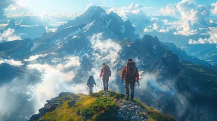 Obraz premium A group of hikers reaching the summit of a breathtaking mountain peak, with panoramic views of vast valleys and majestic peaks