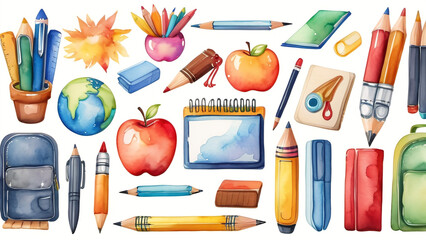 Artistic School Essentials in Watercolor Watercolor Illustration of School Supplies With a Drawing of a School Building. Generative AI
