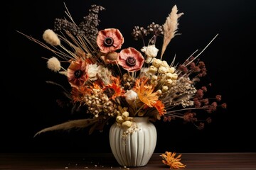 Stylish bouquet of dried autumn flowers in a white vase, perfect for seasonal decor