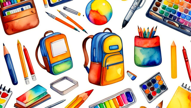 Artistic School Essentials in Watercolor Watercolor Illustration of School Supplies With a Drawing of a School Building. Generative AI
