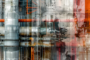 Abstract Industrial Overlay with Pipes and Metal Structures
