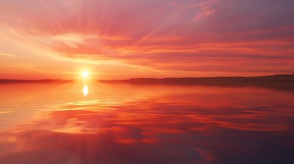 Tranquil Lakeside Sunset An idyllic scene of a tranquil lake reflecting the warm hues of a setting sun. The sky is painted with streaks of orange and pink casting a serene 