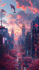 Fototapeta premium Two pink dolphins swimming in a city street. The street is wet and the neon lights of the buildings are reflected in the water