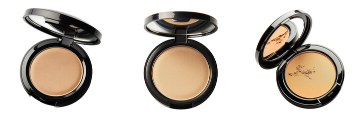 set of powder compact with a puff Isolated on transparent background