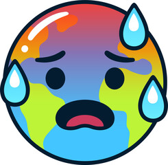 Cartoon Earth with alarmed face, red hot and sweating. Global warming and climate crisis clip art illustration.
