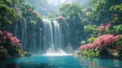 A secluded waterfall hidden deep in a lush rainforest, with misty air and vibrant flora, transporting viewers to a world of untouched natural beauty