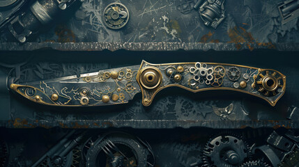 Steampunk knife with gears and brass elements, beautifully crafted and set against a dark, industrial background