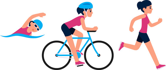 Triathlon activity: swimming, cycling, running. Young woman competing in race. Simple flat cartoon style illustration set.