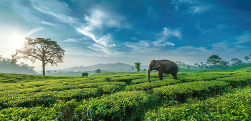 A panoramic photo of an elephant walking through the tea plantations