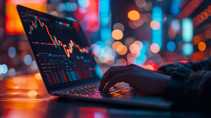 Person Typing on Laptop With Stock Market Chart in City at Night