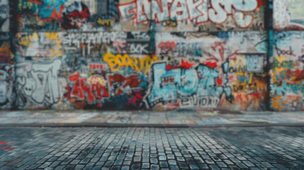 A wall covered in graffiti tags and characters, showcasing the diversity of street art styles, blurred background