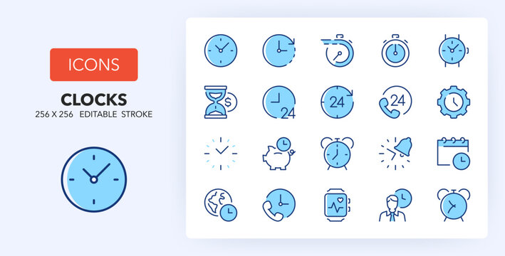 Line icons about clocks. Contains such icons as fast service, time management, fitness tracker and more. 256x256 Pixel Perfect editable in two colors