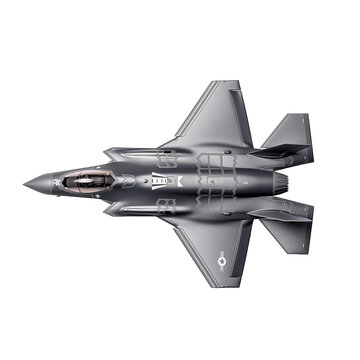 F-35 Lightning II isolated on transparent png background. A fighter jet is flying in the sky