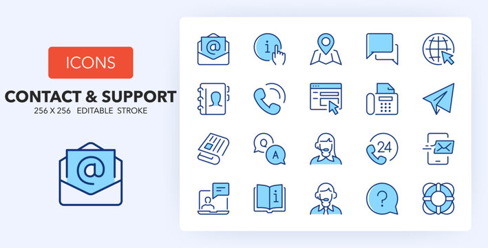 Line icons about contact and support. Contains such icons as customer service, information, call center and more. 256x256 Pixel Perfect editable in two colors