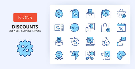 Line icons about discounts. Contains such icons as offer, voucher, promotion and more. 256x256 Pixel Perfect editable in two colors