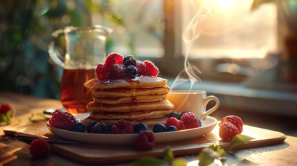 Pancakes with fresh berries on inviting breakfast table, ideal for breakfast blogs and culinary promotions
