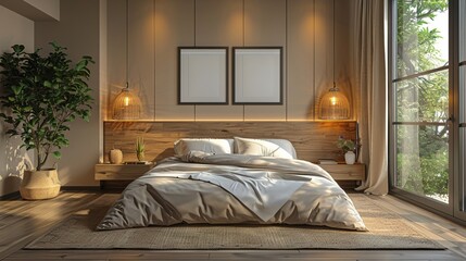 Minimalist bedroom neutral colors comfy bed three blank frames on wall light wood nightstand airy atmosphere