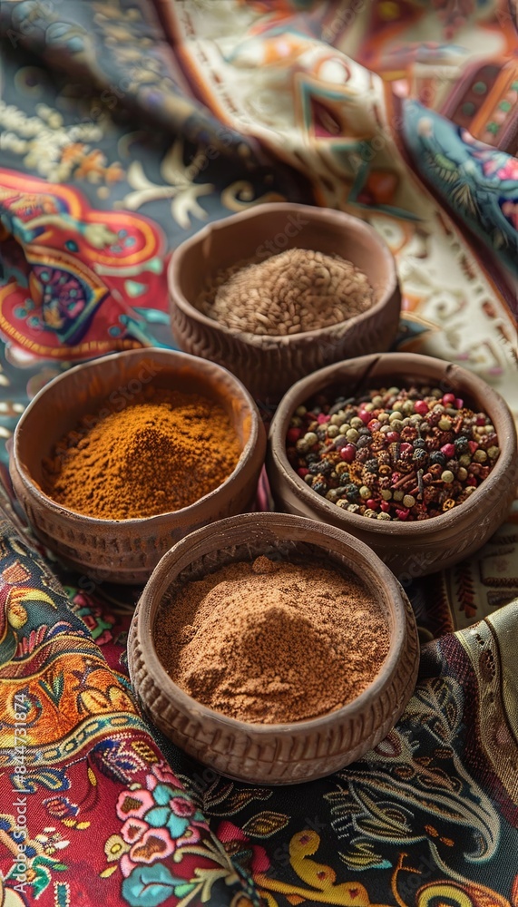 Poster a close-up image showcasing traditional moroccan spices in clay bowls, arranged on a colorful fabric