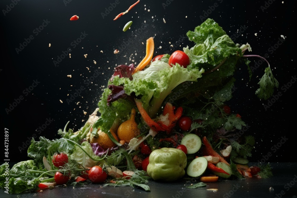 Poster dynamic image of various salad ingredients tossed and suspended dramatically against a dark backgrou