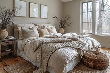 Neutral cozy bedroom three wall frames soft bedding light wood furniture minimalist decor
