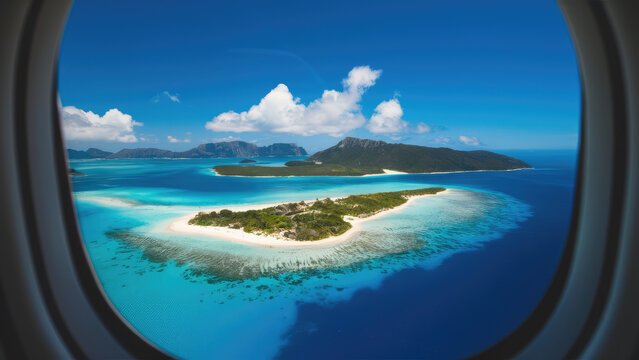 Fototapeta Photo of indoor to outdoor plane window to see down paradisiac islands