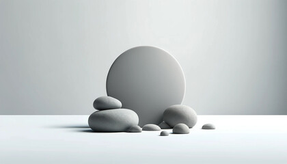 Minimalist background with a 3D podium and zen stones, perfect for product presentation. Clean white design and soft lighting      
