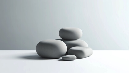 Minimalist background with a 3D podium and zen stones, perfect for product presentation. Clean white design and soft lighting      