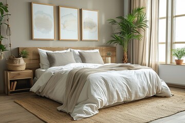 Modern neutral bedroom three wall frames soft beige bedding light wood accents airy feel
