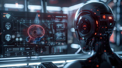 Fototapeta premium Close-up shot of a white, advanced robot with a sleek, humanoid design. The robot is interacting with complex, futuristic information showcasing the future of Artificial Intelligence (AI)