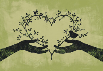 Two hands reaching towards each other, forming the shape of an open heart with branches and leaves