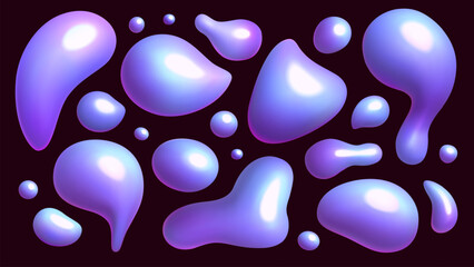 Holographic fluid blob shapes. Vector 3d organic liquid abstract design elements collection.
