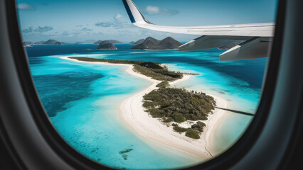 Photo of indoor to outdoor plane window to see down paradisiac islands