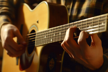Fototapeta premium Close-Up of Guitarist Fingers Strumming Acoustic Guitar
