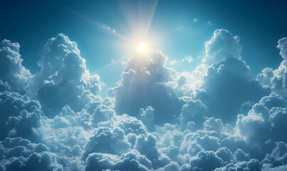 Radiant Sunshine Piercing Through Majestic Clouds in a Blue Sky