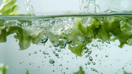 Fresh Green Lettuce Splashing into Water with Air Bubbles