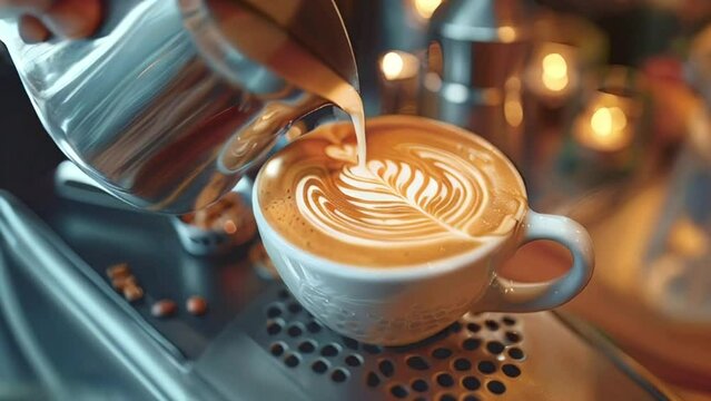 Barista pouring latte art into a cup of coffee, creating a heart shaped design in a cozy cafe setting