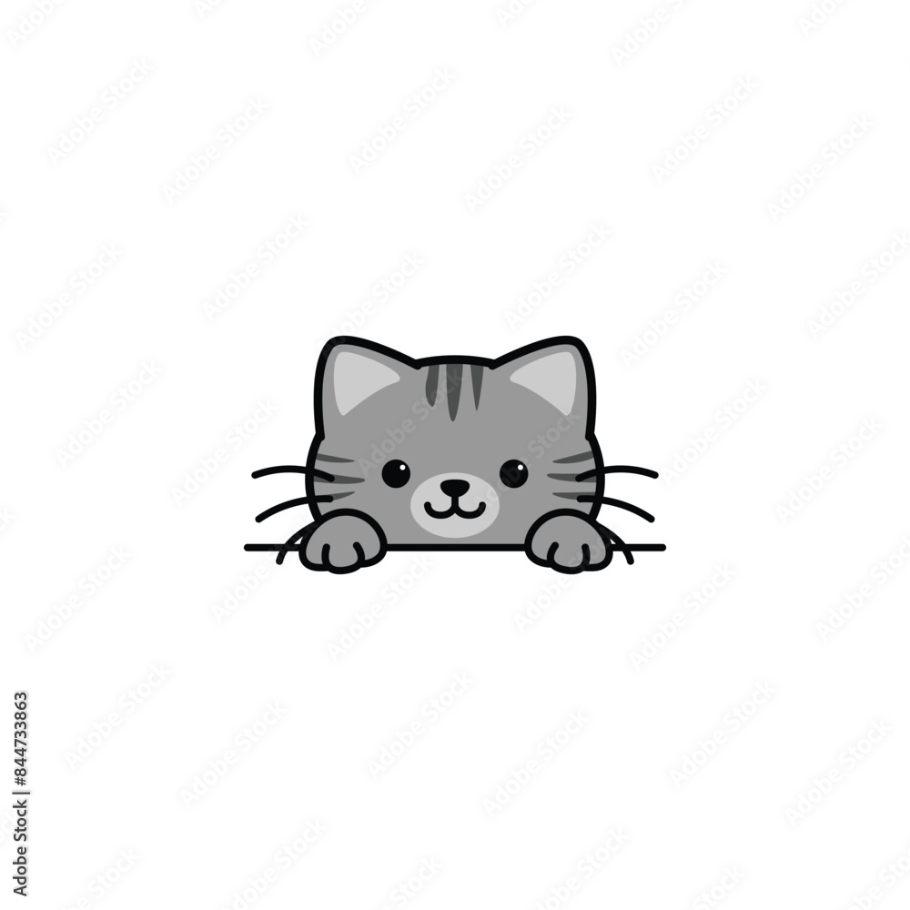 Wall mural Cute tabby cat gray color peeking cartoon, vector illustration