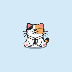 Cute calico cat wearing tie and glasses cartoon, vector illustration