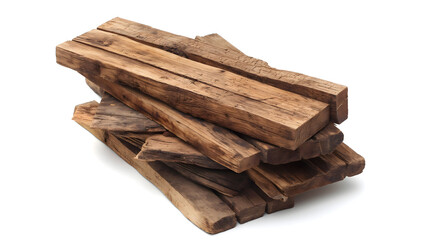 Stack of Rustic Wooden Beams Isolated on White Background