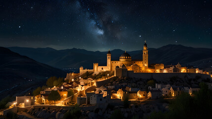 Fototapeta premium Star of Bethlehem from the Bible story in New Testament symbolizing Jesus’ birth shining brilliantly in the night sky. The star is extraordinarily bright, casting a long, shimmering tail pointing. 