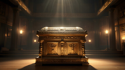 Ark of the Covenant in the Holy of Holies, made of acacia wood overlaid with gold, featuring two cherubim on the lid. The sacred, dimly lit chamber with golden walls - Bible