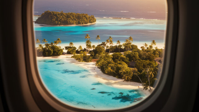 Fototapeta Photo of indoor to outdoor plane window to see down paradisiac islands