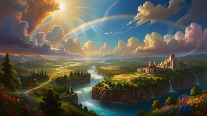 River of Life in Revelation Biblical scene, flowing through the New Jerusalem, crystal-clear water winding through a lush landscape of fruit-bearing trees and blooming flowers. The water reflects gold