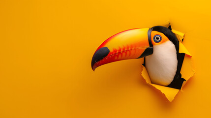 Naklejka premium Vibrant Toucan Peeking Through A Torn Yellow Paper Background