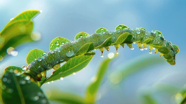 Close up shot of caterpillar diaphania indica S feces dropping on Sancang premna microphylla leaves against morning sky