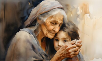 old mother with gray hair hugs her adult daughter. cartoon illustration with two hugging women on floral background