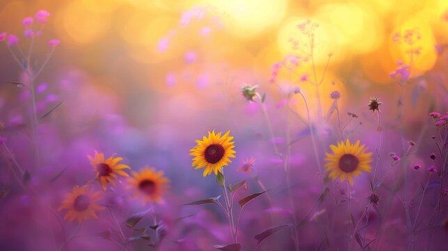 A blurred backdrop of pastel colors sets the stage for a striking sunrise while sunflowers dance in the foreground. .