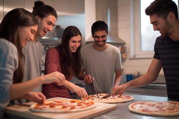 Group of multicultural young adults making pizza together in a modern kitchen, symbolizing teamwork and friendship, ideal for back to college